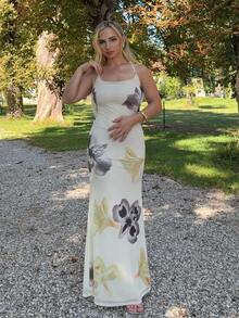 Jeta Ari Women's Elegant Floral Print Maxi Dress: Sleeveless Spaghetti Strap Knitted Mermaid Hem Beige Maxi Dress For Special Occasions - Beige - View 1