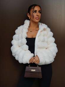 SAYEHFBABY 純色開襟毛絨短款大衣 - 杏色 - 查看 1