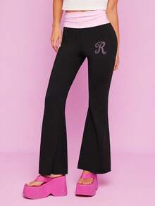 Mean Girls X SHEIN Leggings a zampa con vita a contrasto, decorati con strass e grafica a lettere