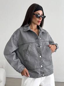 EURMUSE Veste en jean grise oversize décontractée pour femme - Gris - Voir 8