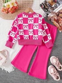 Sparklyn 2pcs/Set Girls' Casual Purple Bow Decor Cute Style Set Fall Winter - Hot Pink - View 2