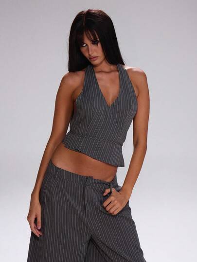 MUSERA 深V领细条纹露背系带修身上衣，可爱秋季休闲工作街头风运动装商务跑步冬季派对春夏