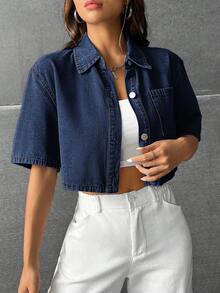 SHEIN EZwear Women's Casual Washed Cropped Denim Shirt - Dark Wash - View 4