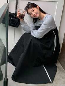 DAZY Women's Round Neck Long Sleeve 2 In 1 Waist Cinched Long Casual Street Dress - Black - View 3