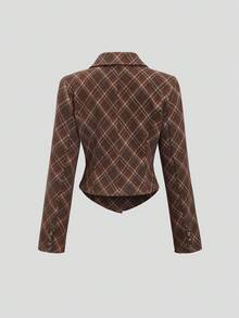Sweetra Retro American Plaid Design Waist Cinched Short Wool Blend Blazer