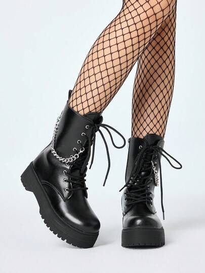 Goth Women's Dark Punk Rock Gothic Lace-Up Motorcycle Boots, Platform Thick Sole Ankle Boots And Short Boots