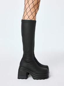 ROMWE Women's Gothic Punk Rock Side Zipper Wedge Heel Riding Boots, Y2K Lace-Up Motorcycle Boots, Slip-On Elastic Knee-High Boots - Black - View 4