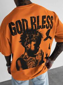 Manfinity EMRG Men's Letter & Figure Print Round Neck Casual Loose T-Shirt - Orange - View 1