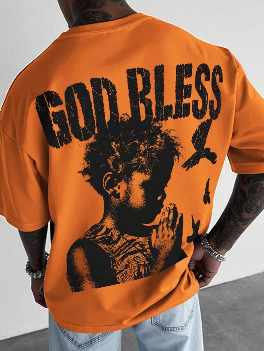 Manfinity EMRG Men's Letter & Figure Print Round Neck Casual Loose T-Shirt - Orange - View 1
