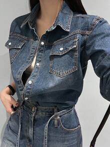 DAZY 女士时尚牛仔连体裤，高品质时尚长袖牛仔套装 - 深色水洗藍 - 查看 4