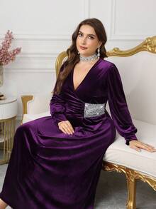 Modelyn Elegant Velvet Pearl Decor V-Neck Long Sleeve Ruched A-Line Plus Size Dress, Suitable For Spring And Autumn - Purple - View 6