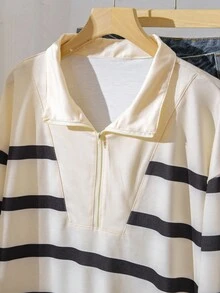 少女休闲条纹拉链落肩卫衣，秋冬款 - 黑與白 - 查看 4