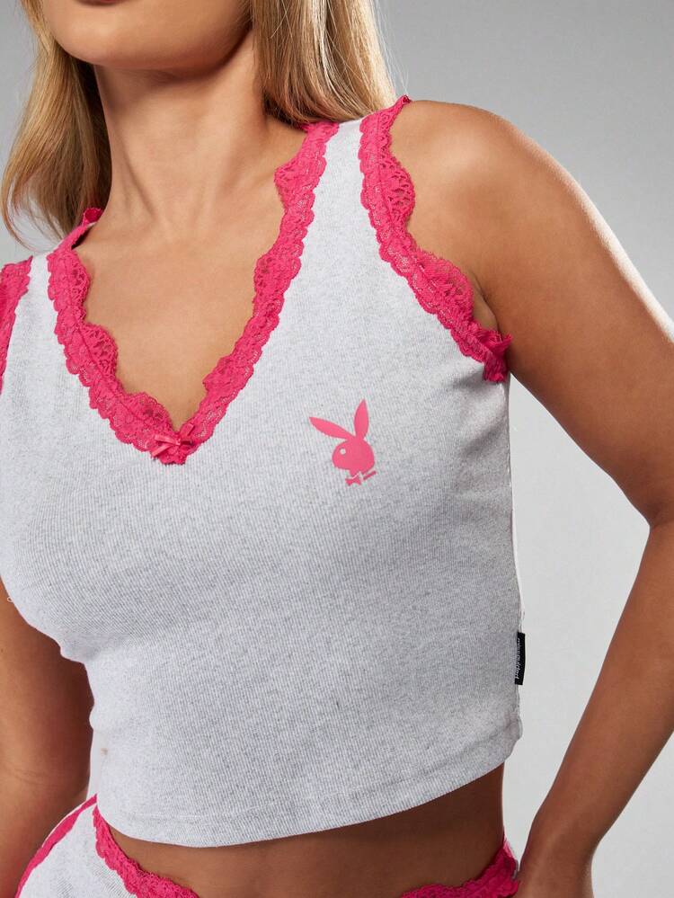 Missguided x Playboy Christmas Lace Trim Tank Top And Shorts Pajama Set