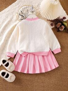 Genkimix Kids 两件套女童粉白针织毛绒蝴蝶结开衫外套和百褶裙套装，甜美可爱，春秋冬装