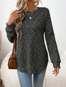 SHEIN LUNE 女式不对称下摆花卉网眼华夫格纹理休闲运动家居服优雅套头衫，适合秋冬季 - 深灰色 - 查看 5