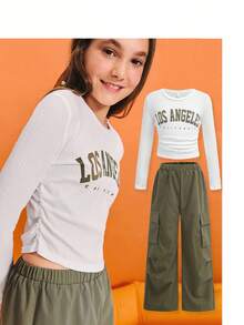 SHEIN Ensemble t-shirt à manches courtes à col rond ajusté et pantalon cargo couleur unie pour préadolescentes en été - Militaire verte - Voir 8