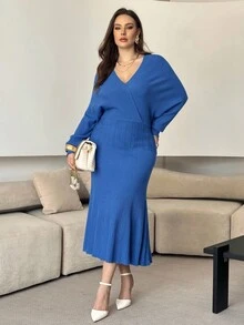 Modelyn Große Größen V-Ausschnitt Fledermausärmel einfarbiges lässiges Pulloverkleid