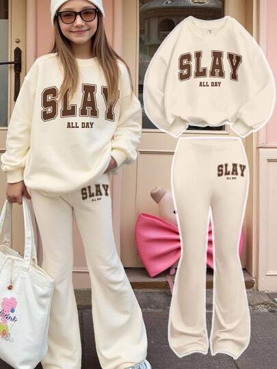 SHEIN Leap Crew Cream Chic Chic，青少年女孩休闲“SLAY ALL DAY”字母图案厚实柔软宽松圆领卫衣和喇叭裤两件套，适合秋冬，Chill Chill，适合日常、居家、外出、街拍、校园