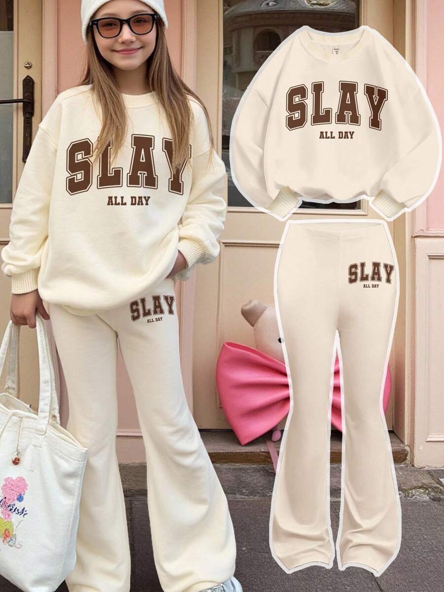 SHEIN Leap Crew Cream Chic Chic，青少年女孩休闲“SLAY ALL DAY”字母图案厚实柔软宽松圆领卫衣和喇叭裤两件套，适合秋冬，Chill Chill，适合日常、居家、外出、街拍、校园