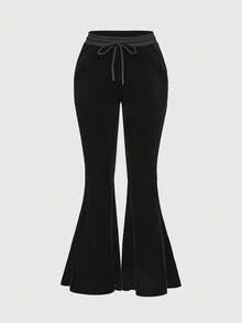 ROMWE Grunge Punk Women's Drawstring Hooded Zip-Up Long Sleeve Top And Flare Pants Casual Daily 2 Pieces Set - Black - View 7