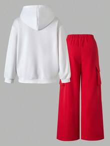 SHEIN Explorewe 两件套少女针织奶油色字母印花连帽衫+红色弹力腰工装裤，休闲街头风穿搭，适合外出、徒步、居家、春秋冬季穿着。 - 白色 - 查看 2