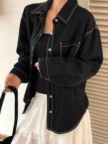 DAZY 浅色水洗牛仔衬衫，有领有口袋，宽松长袖，春夏秋 - 黑色 - 查看 3