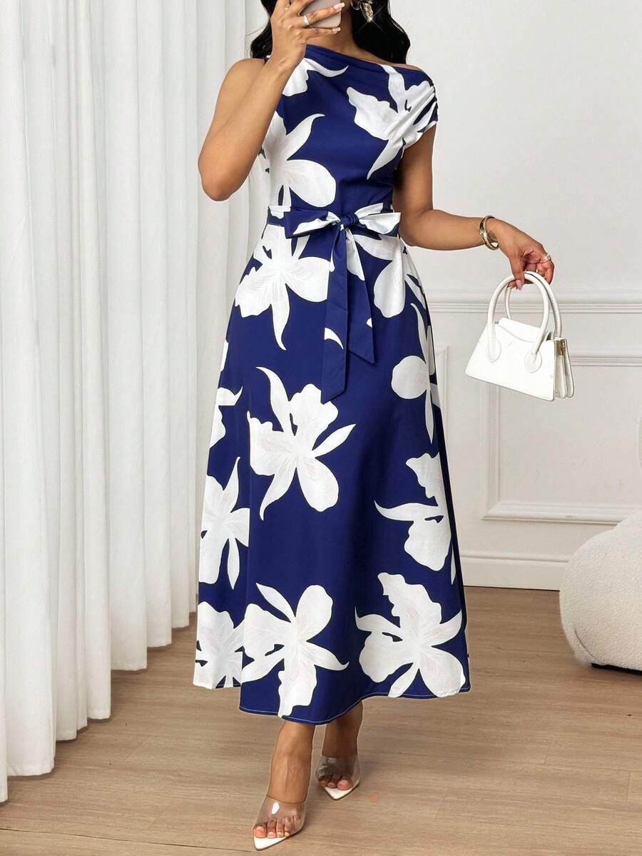 SHEIN Lady Women's Floral Printed Slant Shoulder Design Vacation Elegant Dresses - Blue and White - View 1