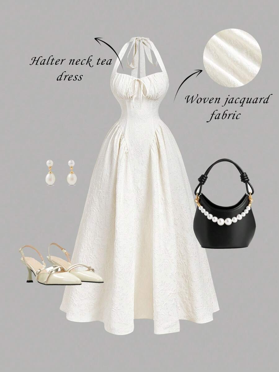 SHEIN MOD 女式露背褶饰蝴蝶结摆裙、派对女装、跨年晚会服装、化妆舞会礼服、生日女装、性感连衣裙、蝴蝶结连衣裙、新年公主女装 - 卡其色 - 查看 1