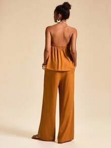 Travachic 女士度假休闲露背吊带上衣和裤子两件套 - 卡其色 - 查看 2