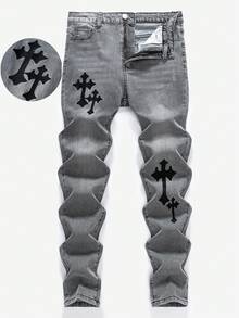 青少年男孩时尚休闲 Y2K 复古酷炫街头风返校学院风黑色十字刺绣图案灰色弹力牛仔裤柔软日常穿着秋冬锐舞节街头风校园街头风牛仔裤灰色牛仔裤 - 灰色 - 查看 2