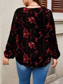 EMERY ROSE 复古花卉图案 V 领灯笼袖宽松大码衬衫，适合春秋季节 - 黑色 - 查看 2