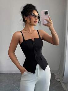 Elenzga 女士弹性可调节肩带 A 字形下摆开衩吊带背心，黑色