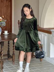 Dazy Kids Váy dài tay họa tiết hoa thanh lịch cho bé gái, mùa thu - màu xanh lá - Xem 2