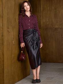 优雅波尔卡圆点印花宽松时尚女式衬衫 - 酒紅色 - 查看 5