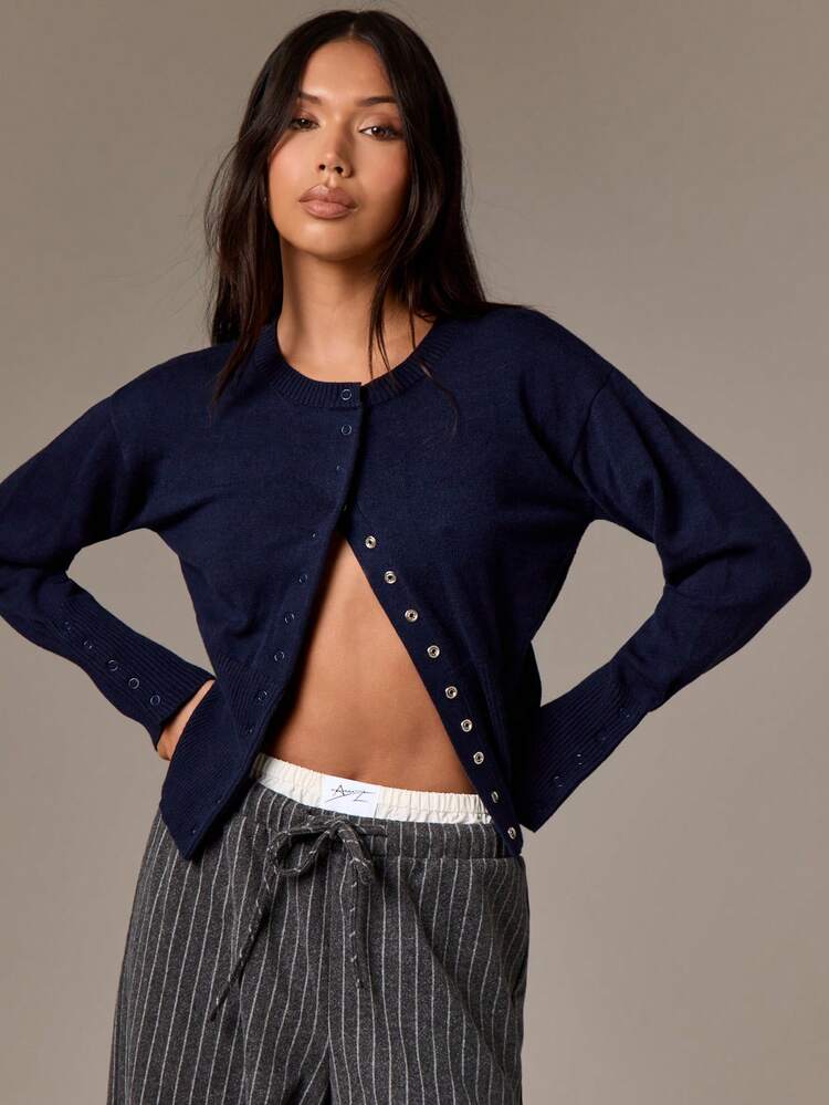 Cropped Button Down Cardigan With Ribbed Trim