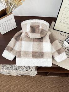 SHEIN Kurtka z polaru dla malucha, modna, z kapturem i długim rękawem, w kratę i patchwork, zapinana na guziki, odpowiednia na co dzień jesienią i zimą, na zewnątrz i w podróży - Wielokolorowe - Zobacz 2