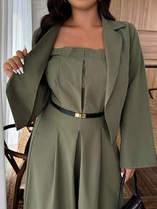 Weeklong Bộ đồ liền thân dây mảnh màu trơn cỡ lớn và áo khoác dài tay 2 món - xanh quân đội - Xem 3