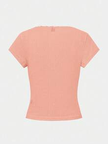 Zielony 甜美蕾丝边短袖 T 恤女士，全新夏季修身三扣装饰半袖上衣 - 粉色 - 查看 7