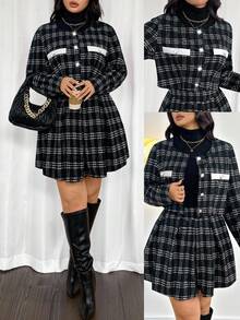 Firerie 大码女士优雅通勤工作服精致高端下午茶略带性感约会音乐会学院复古黑白格子印花长袖夹克和褶皱迷你裙，秋季/冬季开学装法兰绒星期三亚当斯