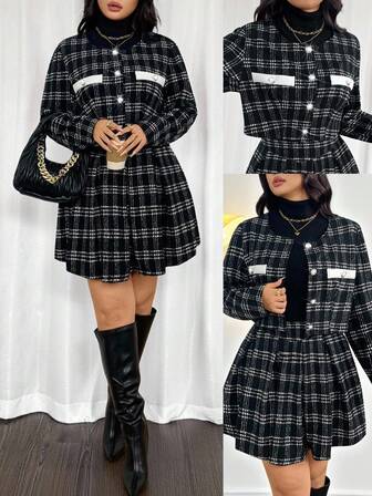 Firerie Chaqueta de manga larga y falda mini plisada con estampado de cuadros blanco y negro, elegante y sofisticado para mujer de talla grande, atuendo ideal para ir a la universidad, conciertos, citas y tardes de té en otoño/invierno