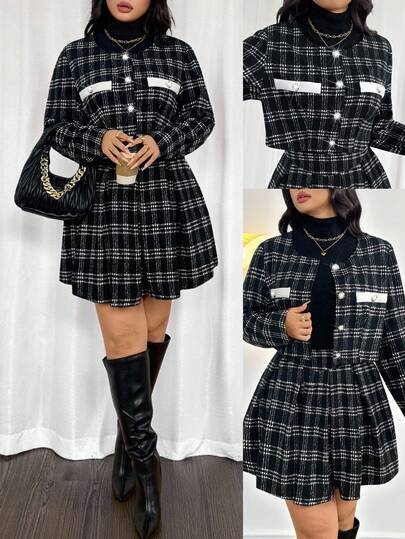 Firerie Plus Size Women's Elegant Commuter Workwear Sophisticated High-End Afternoon Tea Slightly Sexy Date Music Concert Collegiate Vintage Black & White Plaid Print Long Sleeve Jacket & Pleated Mini Skirt, Back To School Outfit Flannel Wednesday Addams In Fall/Winter Outfits 2 Piece Set 2 Piece Sets Ladies Plaid Two Piece Set Blazer Skirt Set