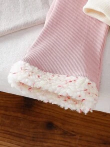 SHEIN 2 件女婴秋冬蓬松针织长袖上衣 + 粉色针织裤休闲套装