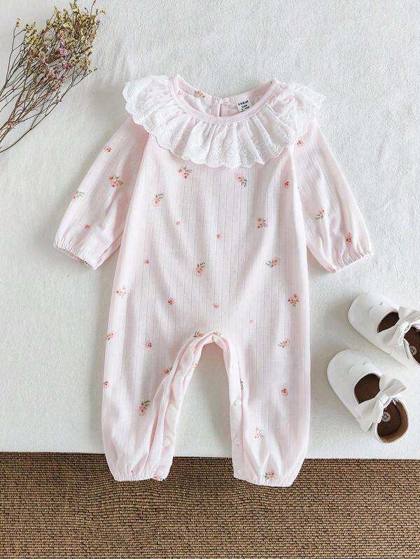 SHEIN Vintaside Kids 2-5T Infant Girls' Cute White Lace Collar Pink Soft Comfortable Ditsy Floral Long Sleeve Romper, Gentle Pastoral Style Baby Girl Jumpsuit