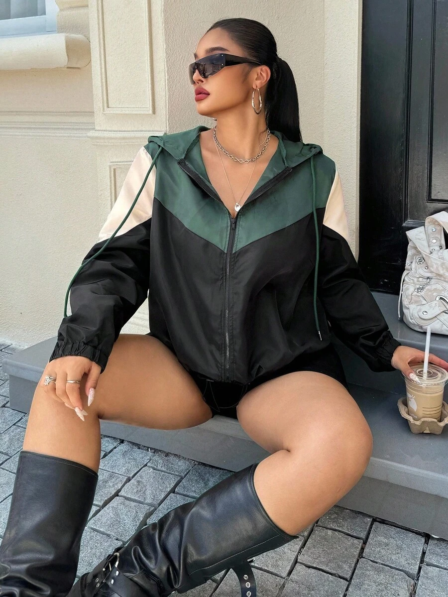 SHEIN EZwear 大碼撞色抽繩連帽防風夾克 - 彩色 - 查看 1