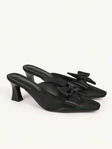 CUCCOO CHICEST Women's Elegant Bow-Knot Square Toe Block Heel Pumps, Romantic Fashion Gothic Black Satin High Heels, Mules, Dress Shoes For Formal, Party, Date, Thanksgiving, Christmas, Valentine's Day - Black - View 9