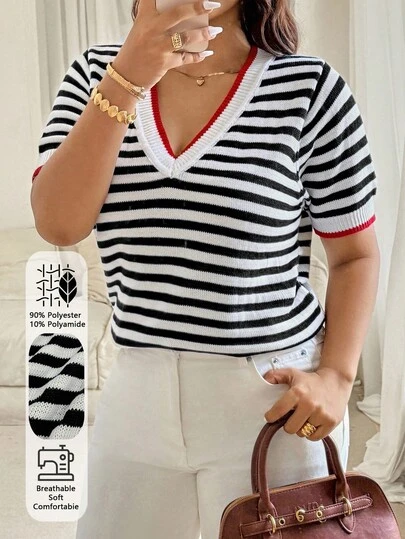 Vionelle 大码女式条纹撞色圆领短袖休闲时尚针织上衣