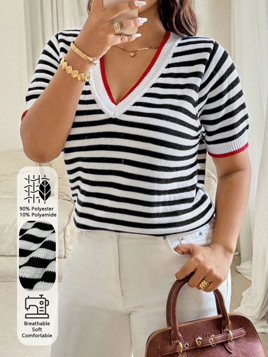 Vionelle 大码女式条纹撞色圆领短袖休闲时尚针织上衣 - 彩色 - 查看 1