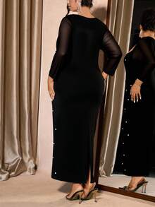 Cravure Đầm cổ vuông trang trí ngọc trai giả thanh lịch cỡ lớn, mùa thu - màu đen - Xem 2