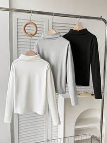SHEIN 3件套少女罗纹针织高领长袖修身上衣，黑/白/灰三色可选，加厚保暖内衬，百搭叠穿T恤，买一送二，适合冬季、万圣节、圣诞节、新年秋季穿着