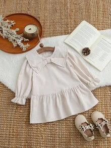 SHEIN Baby Girls' Vintage French Style Corduroy Collar Tie Long Sleeve Dress, Autumn/Winter